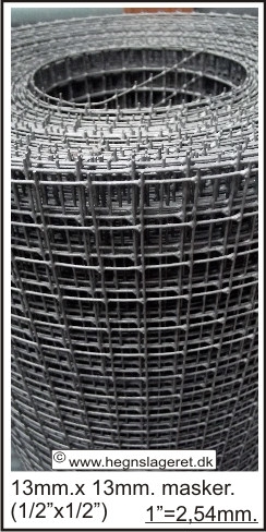 H: 1,0m. - L:25m. - ø1,4mm. Volieretråd med 13x13mm. masker. Galvaniseret.